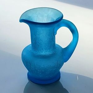 Vntg 3 1/2" Frosty Blue Crackle Glass Mini Pitcher
